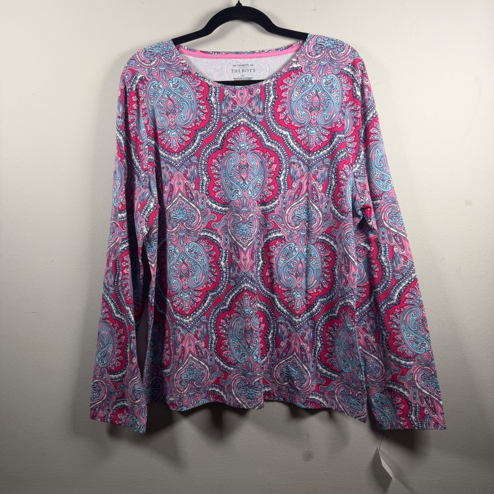 Talbots Tee Womens XL Pink Blue Paisley Long Sleeve Cotton Stretch Top NEW BOHO